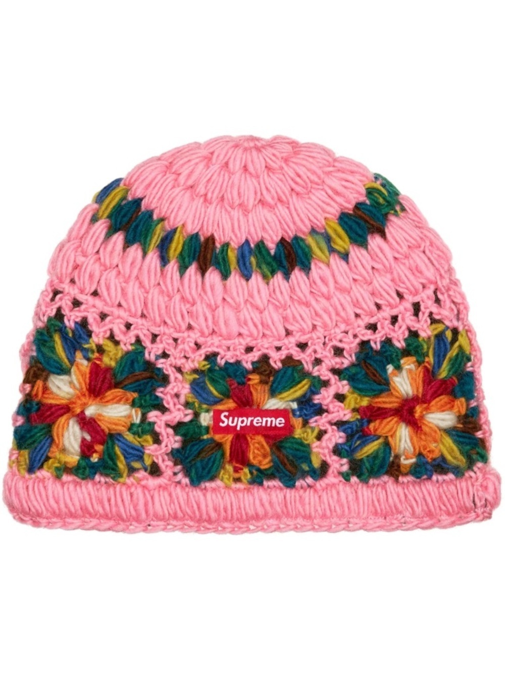 Supreme Crochet Beanie SS25 Pink Multicolor Floral Box Logo OS